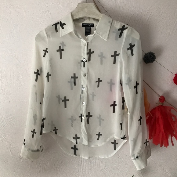 About a Girl white sheer button-up with crosses XS - Picture 1 of 6